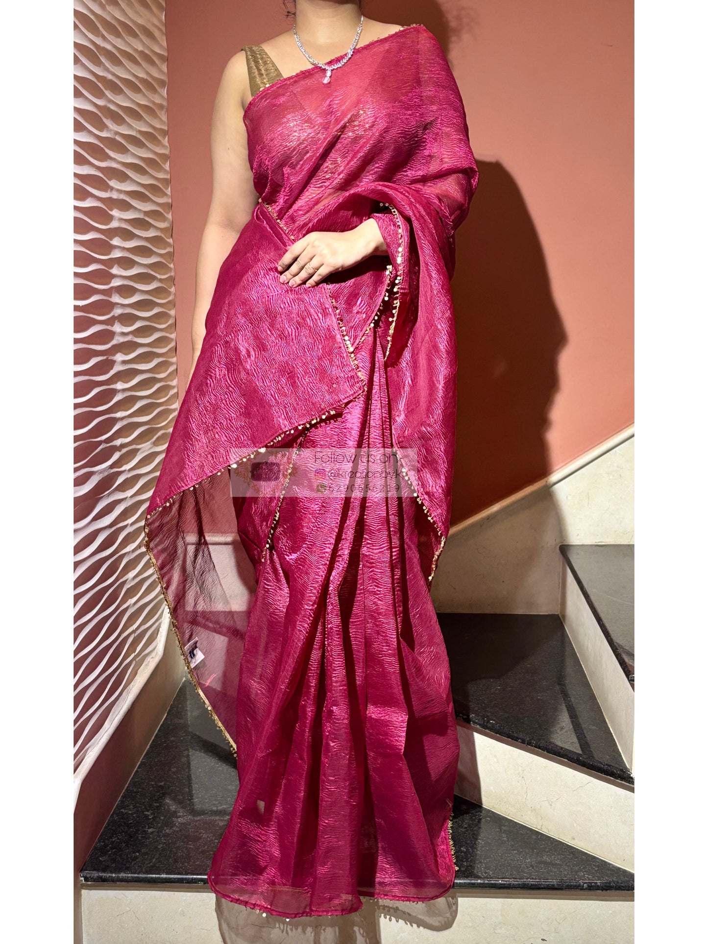 Magenta Pink Crushed Tissue Saree kreationbykj