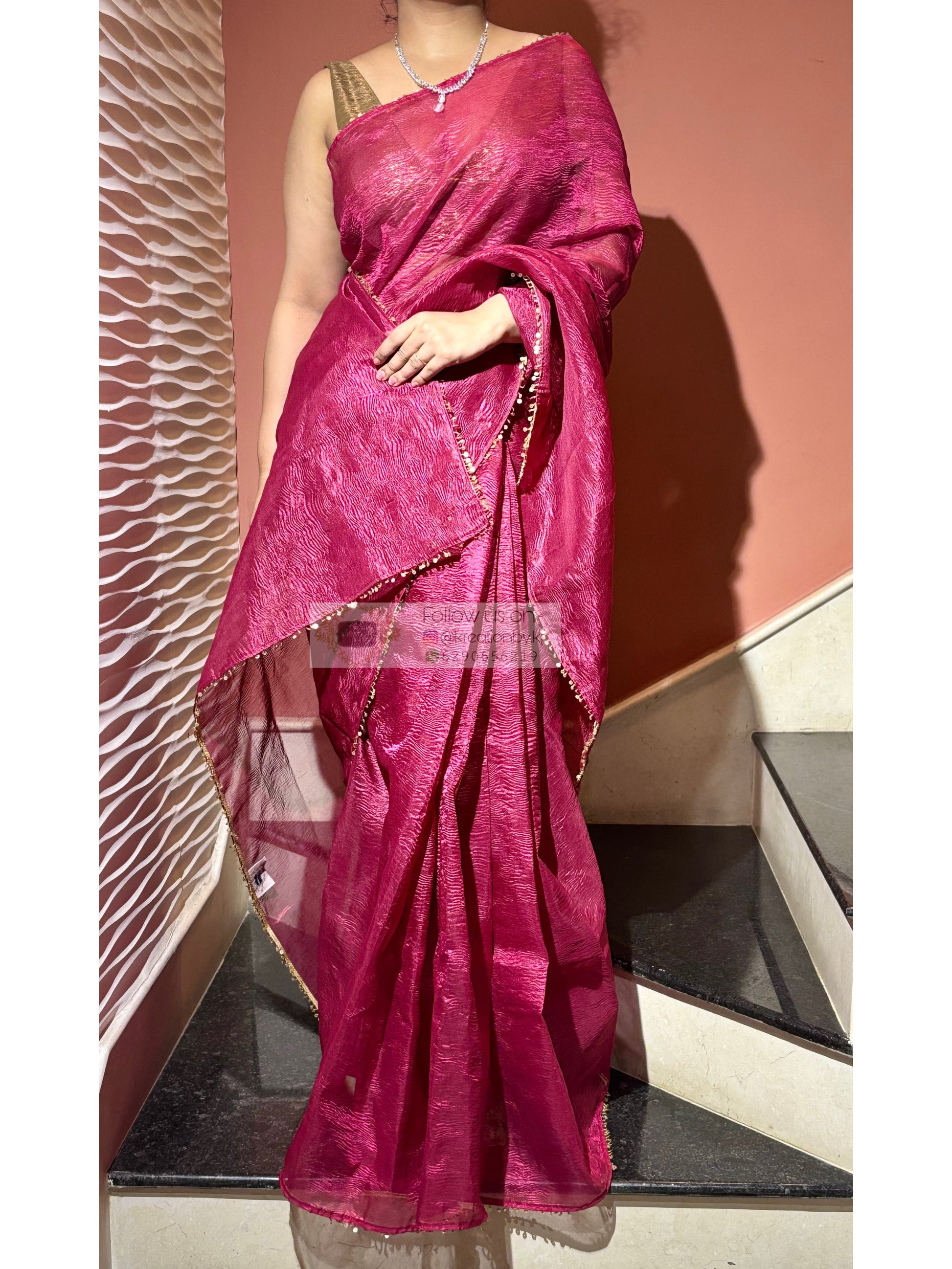 Magenta Pink Crushed Tissue Saree kreationbykj
