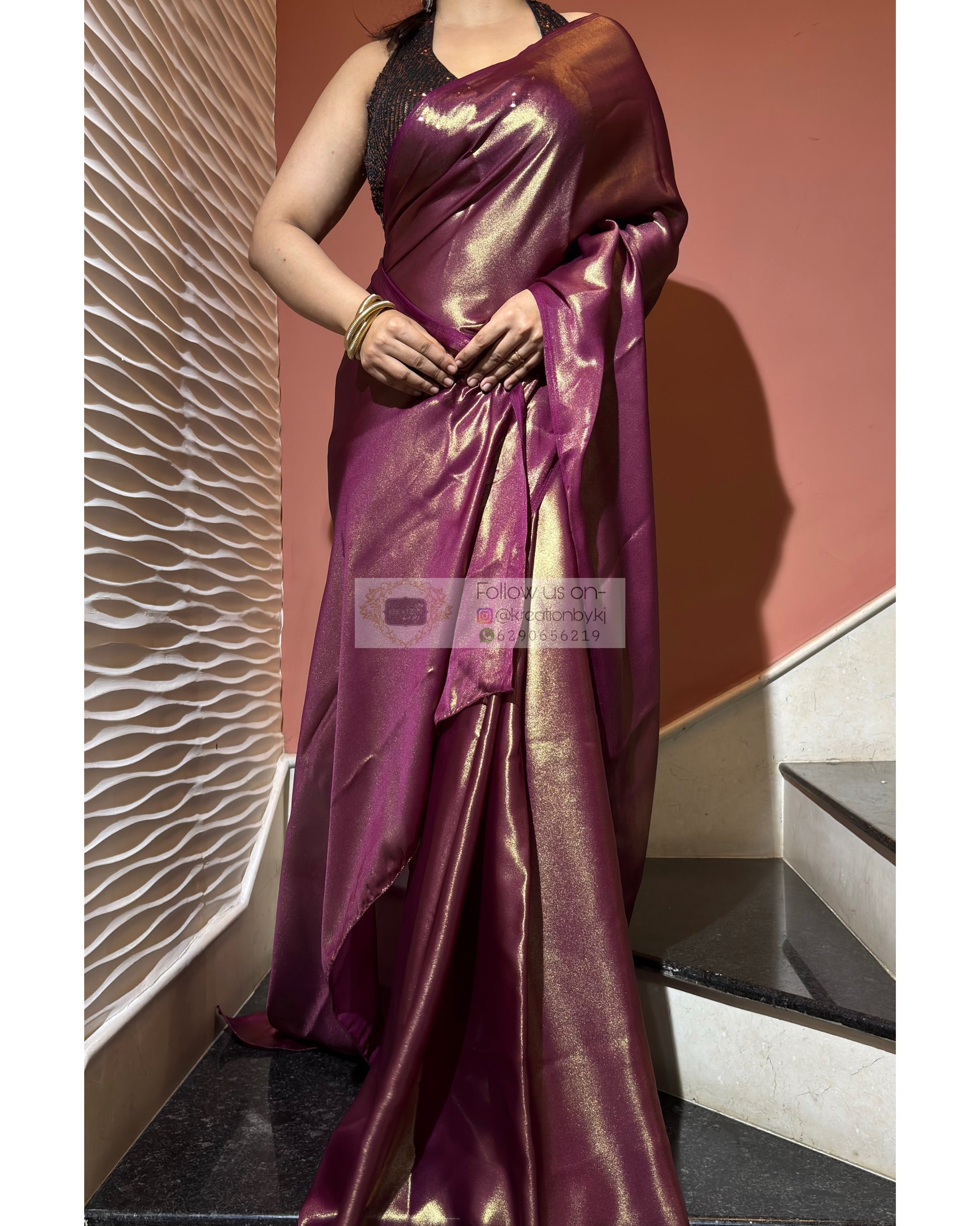 Aubergine Shimmer Satin cocktail Saree kreationbykj