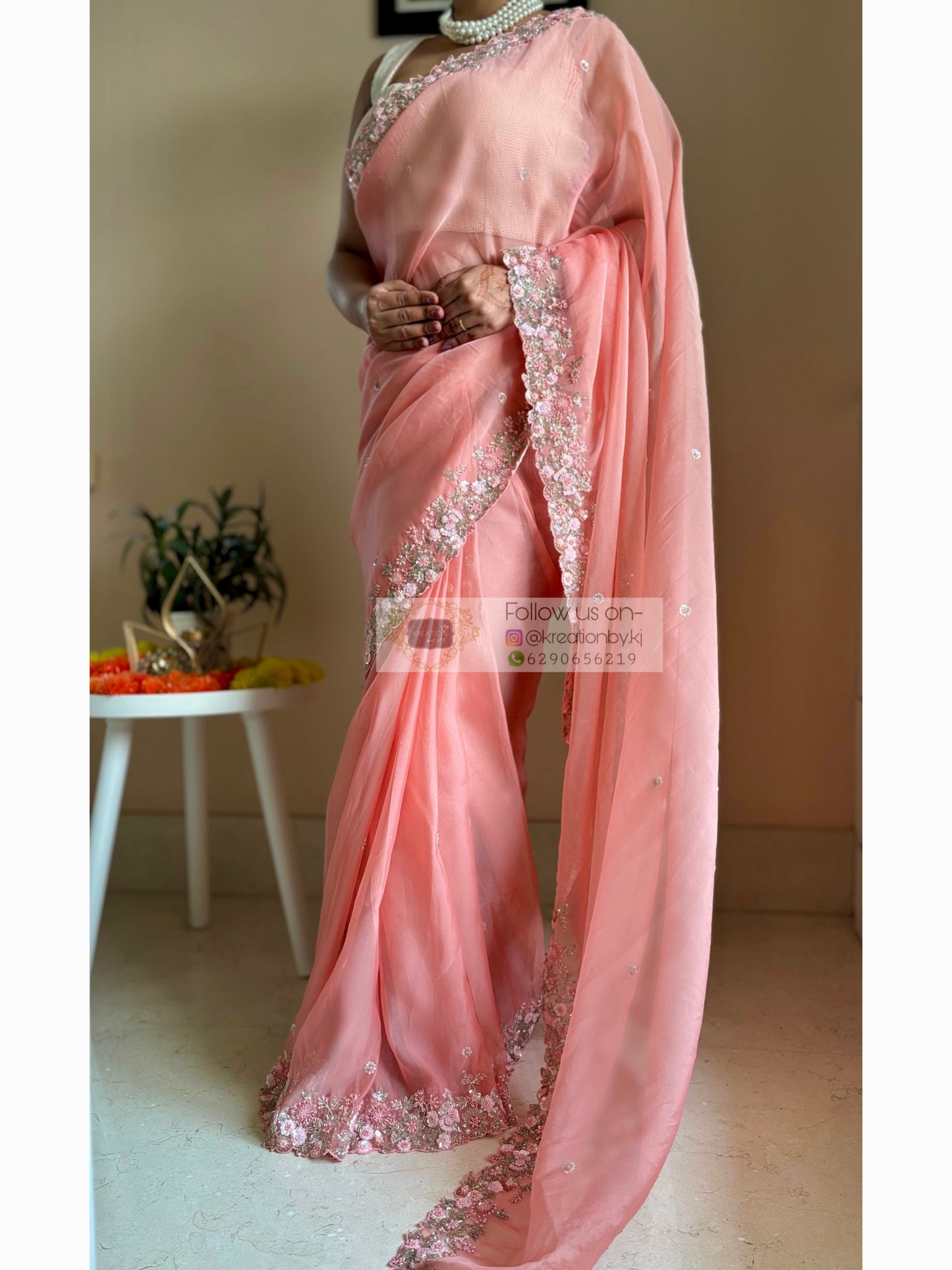 Peach Floral Haze Organza Saree Kreation by KJ