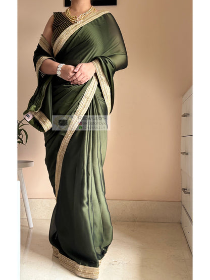 Olive Green Georgette Saree with Golden Border for Mehndi function Kreation by KJ