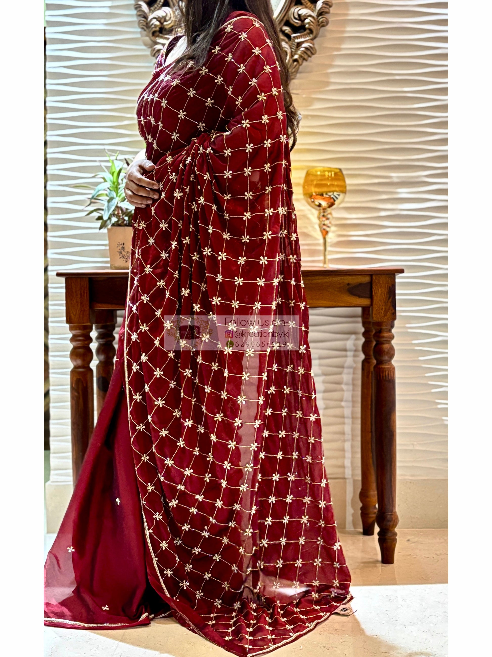 Maroon Georgette Cutdana Jaal Saree kreationbykj