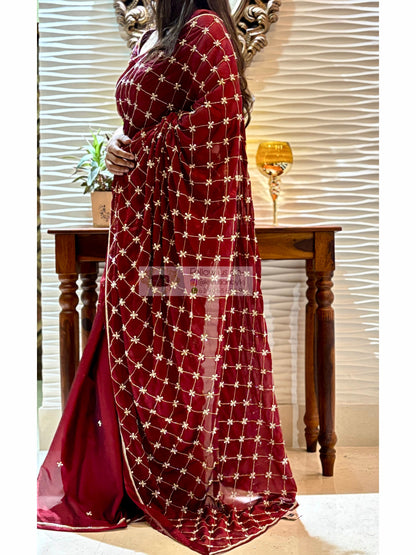 Maroon Georgette Cutdana Jaal Saree kreationbykj