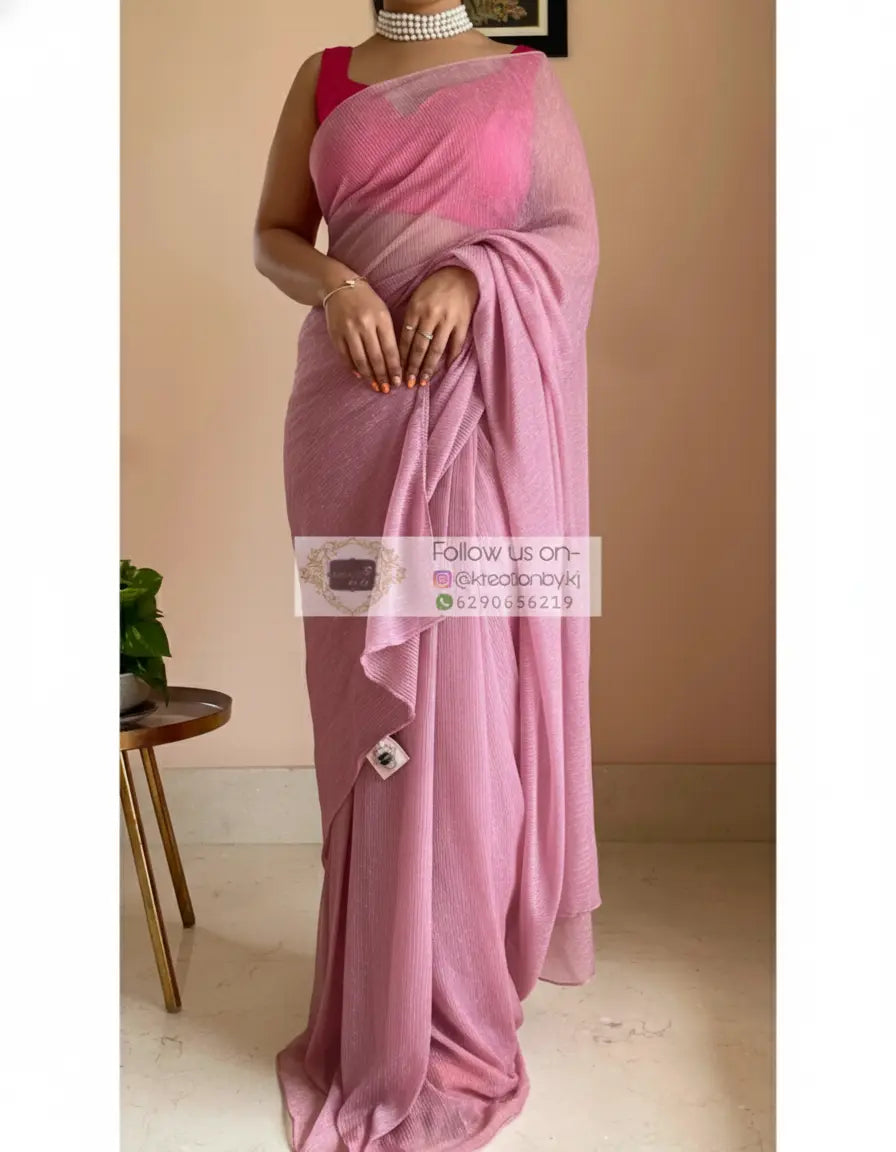 Mauve Shimmer Pleated Net Saree for First Date kreationbykj