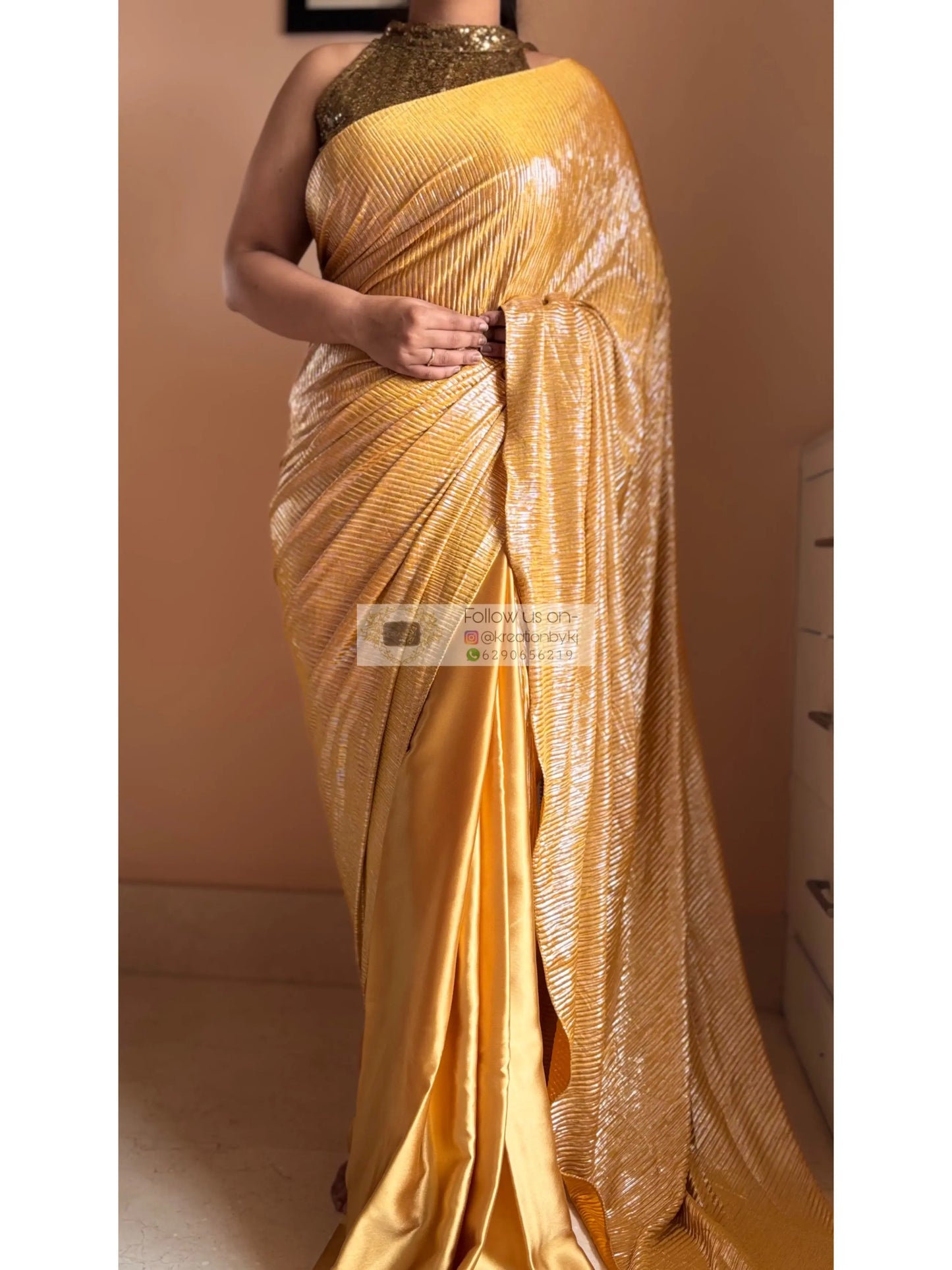 Yellow Satin Pleated Cocktail Saree
