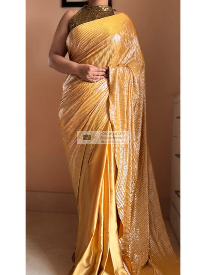 Yellow Satin Pleated Cocktail Saree