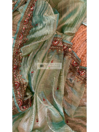 Crushed Green Tissue Saree With Hand embroidered Border