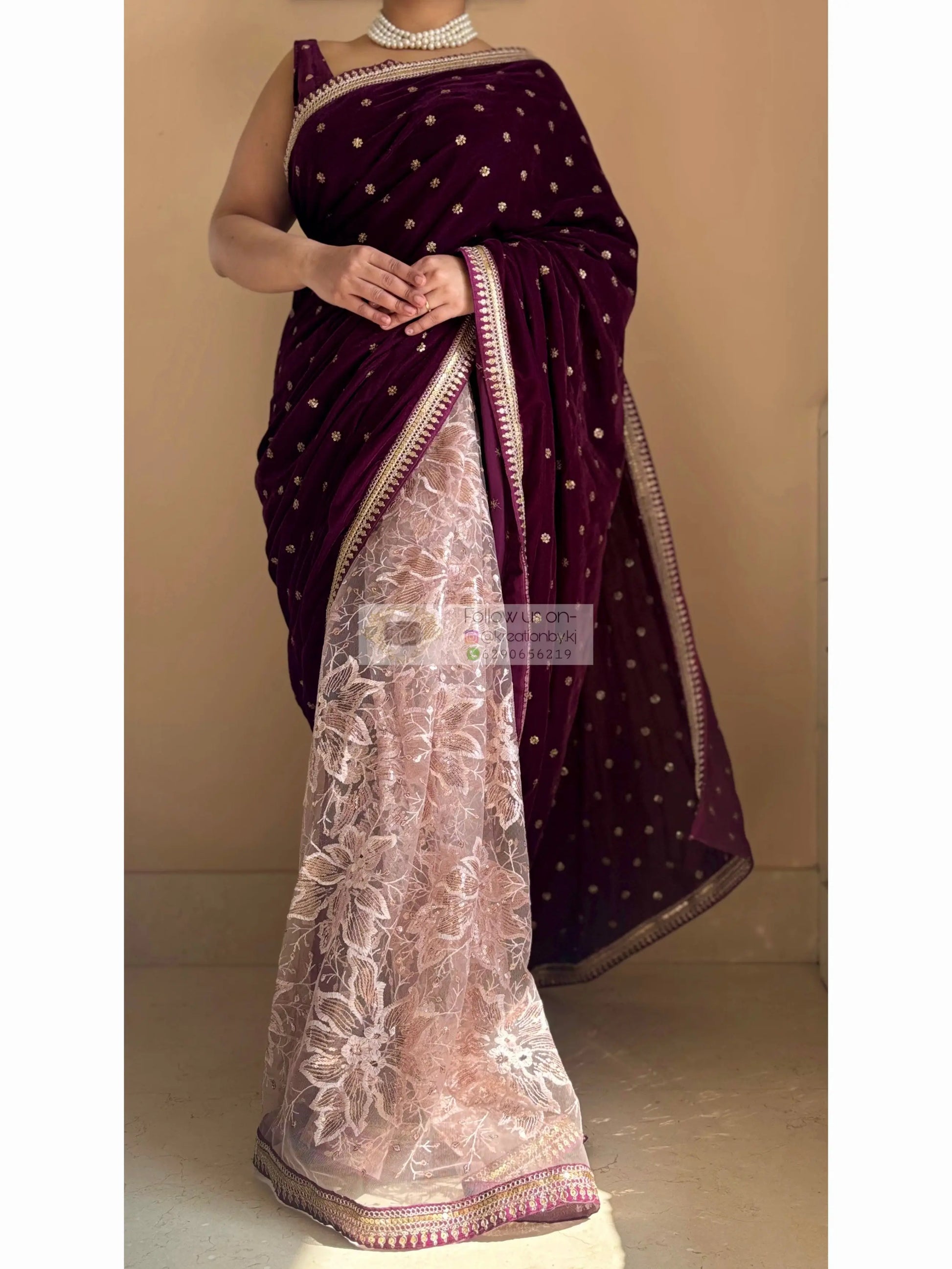 Purple Wine Velvet And Net Embellished Saree Kreation by KJ