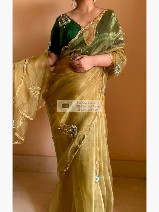 Scent of Yesterday Pista Green Glass Tissue Saree Kreation by KJ