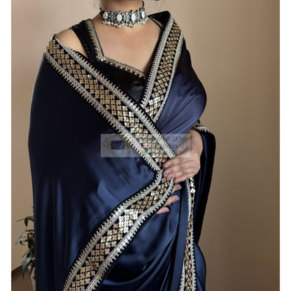 Dark Navy Blue Satin Silk Saree with Black Border kreationbykj