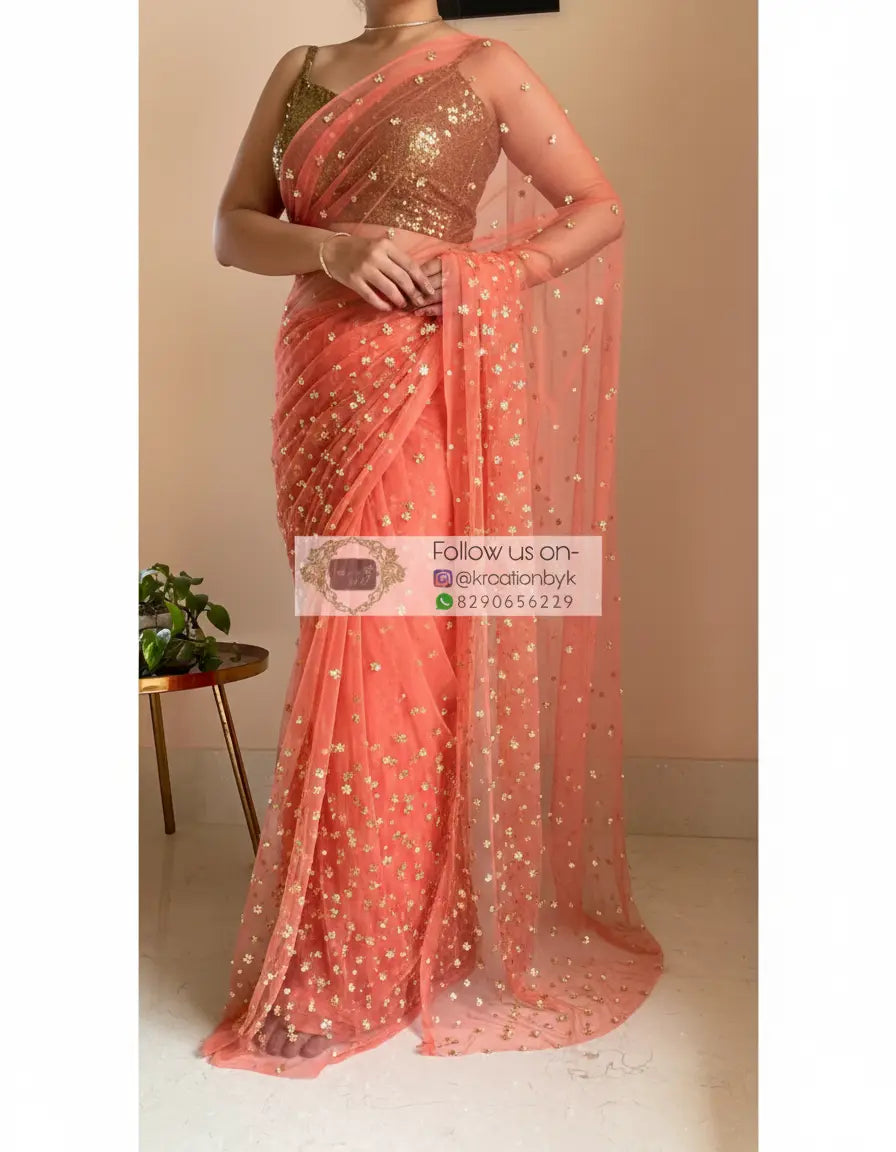 Coral Jugnoo Net Girlish Looking Partywear Saree kreationbykj