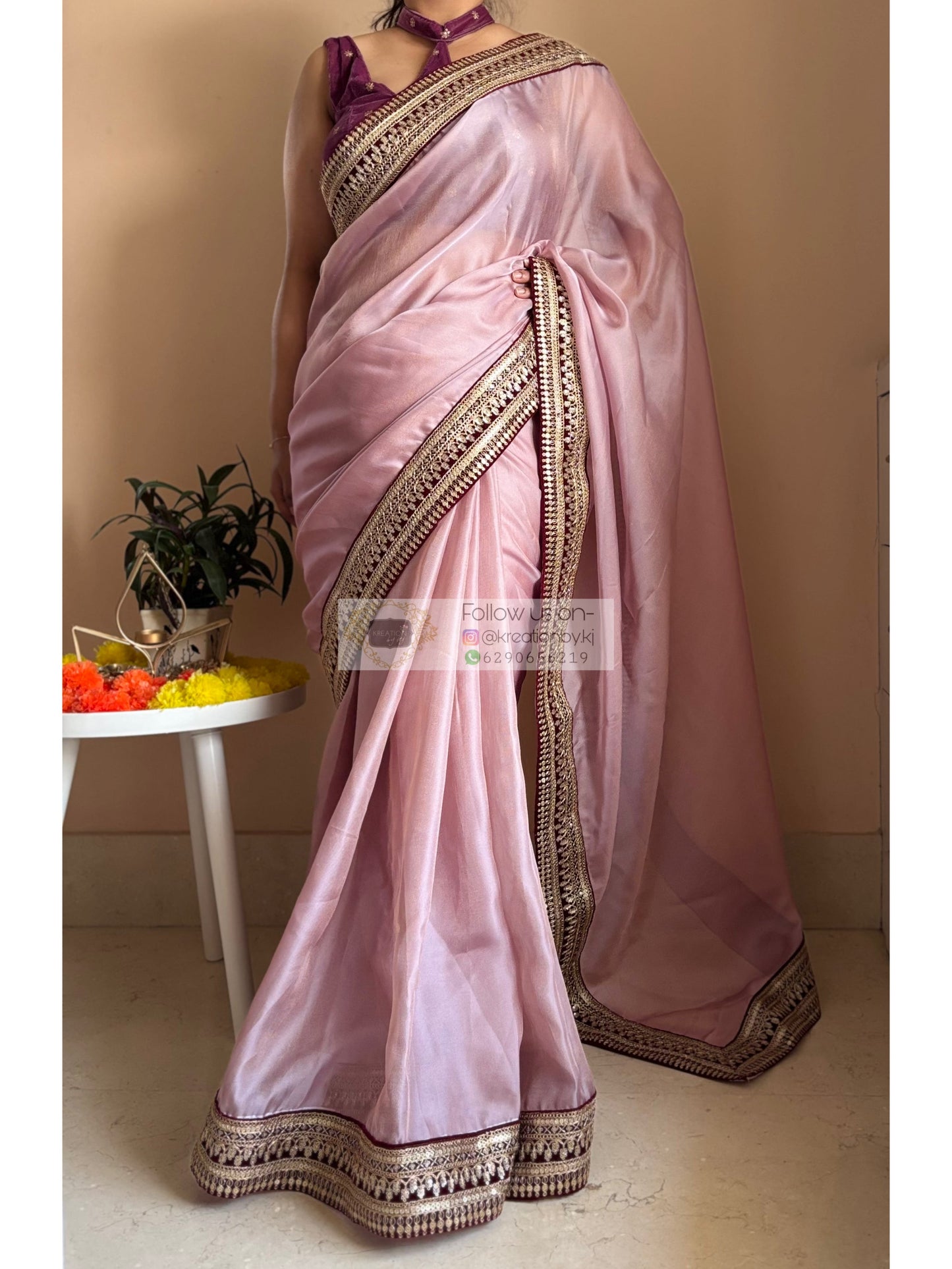 Mauve Pink Net Saree With Wine Border Kreation by KJ