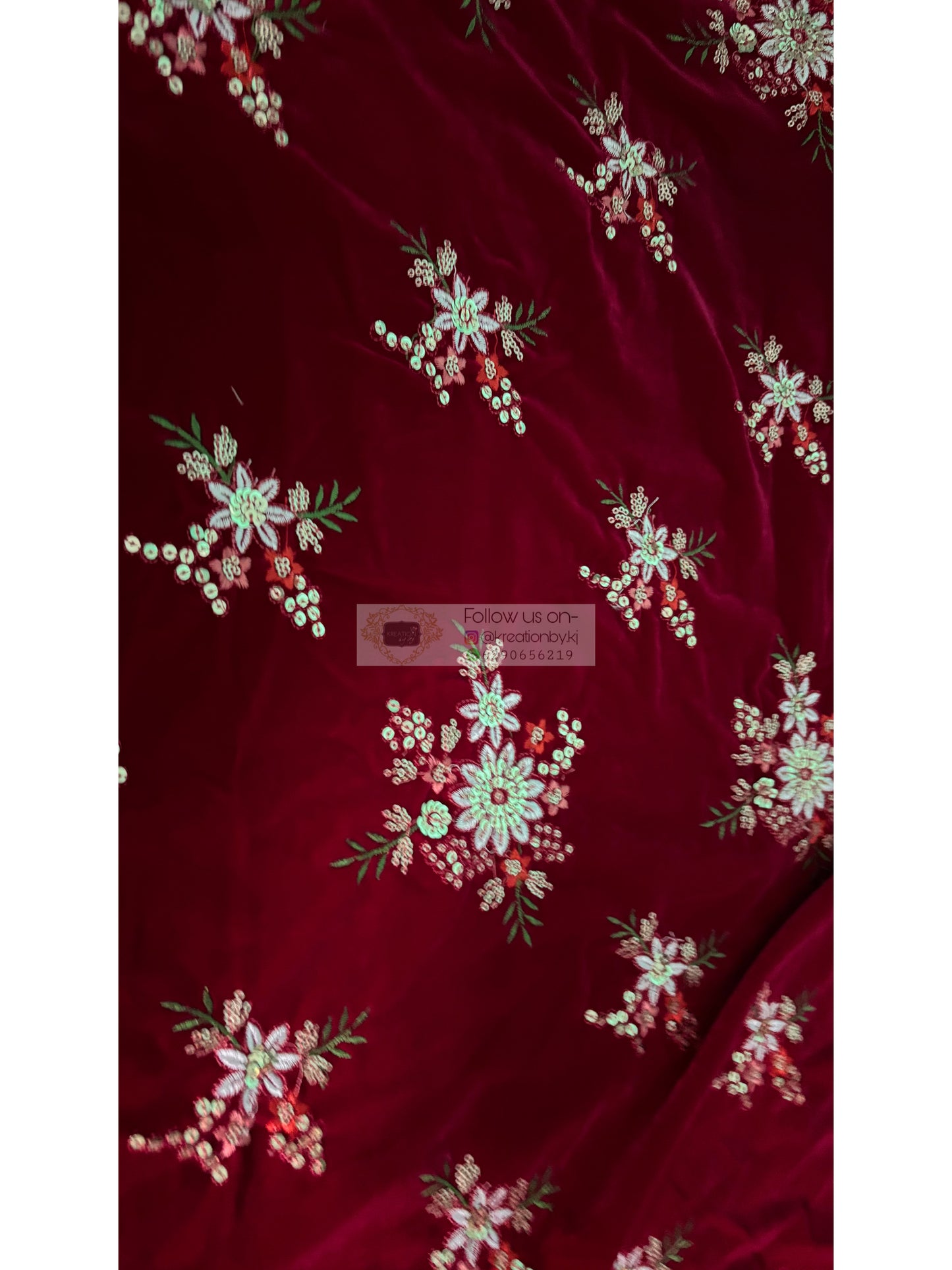 Fuchsia Pink Velvet Fabric with Floral Work