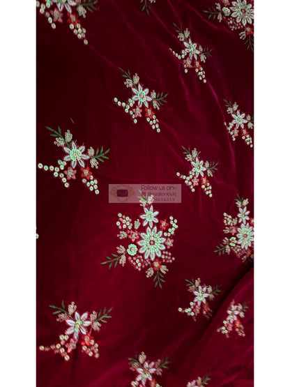 Fuchsia Pink Velvet Fabric with Floral Work