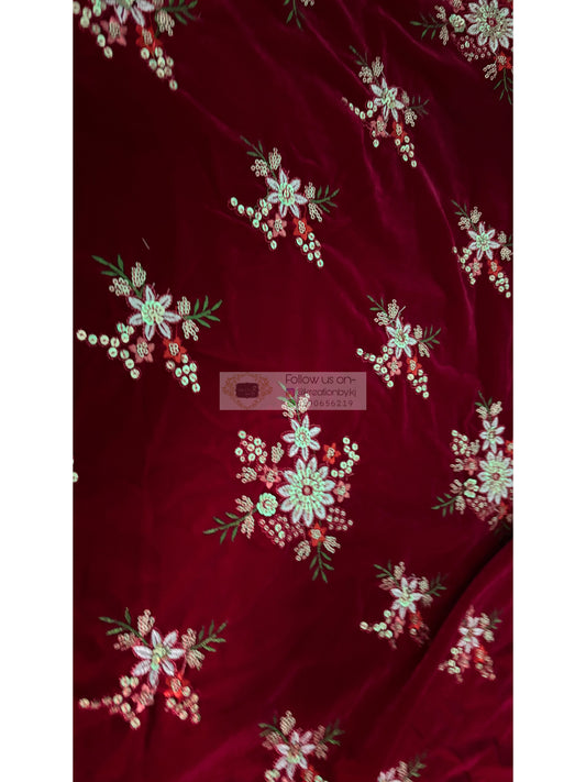 Fuchsia Pink Velvet Fabric with Floral Work