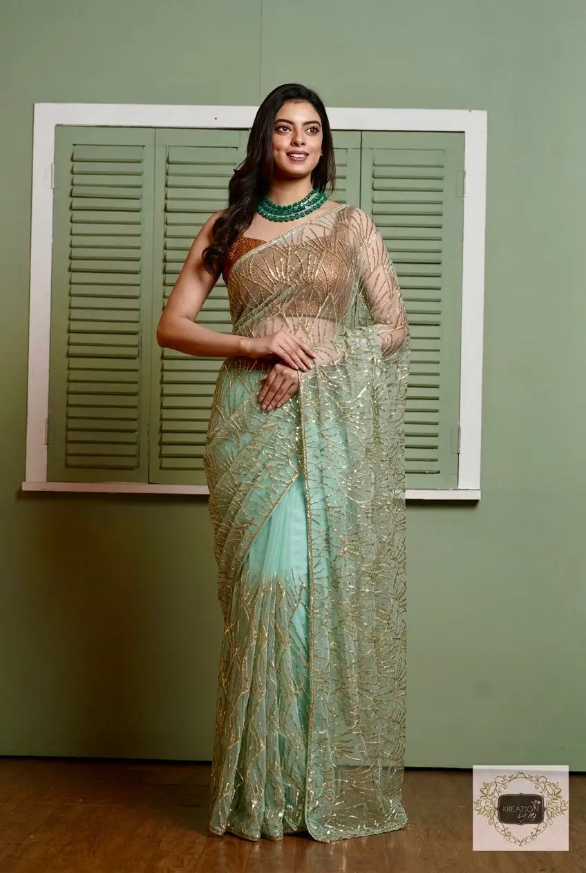 Mint Green A Sky full of Stars Saree kreationbykj