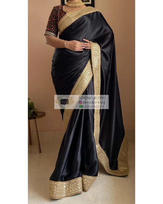 Black Satin Saree with Gold Border kreationbykj
