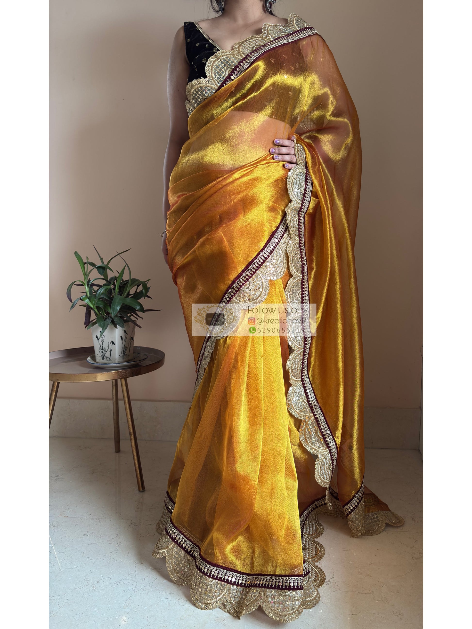 Fiery Gold Zari Tissue Mehraab Border Saree kreationbykj