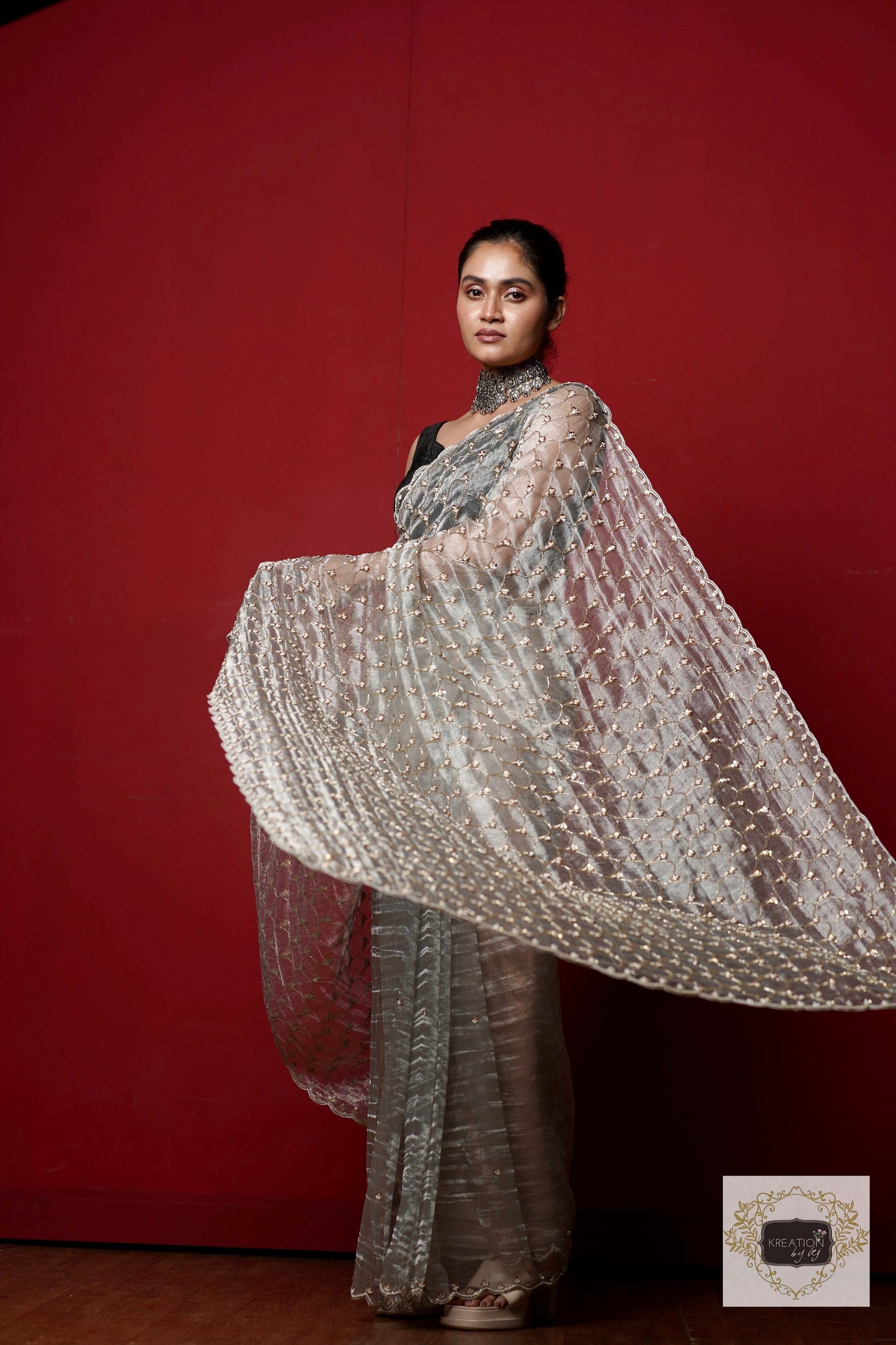 Silver Tissue Mehraab Jaal Saree