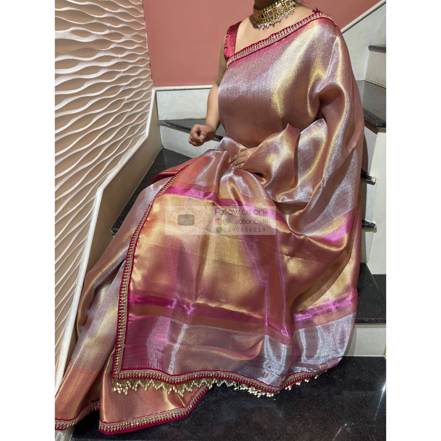Dusty Pink Tissue Banarasi Saree with Designer Velvet Blouse kreationbykj