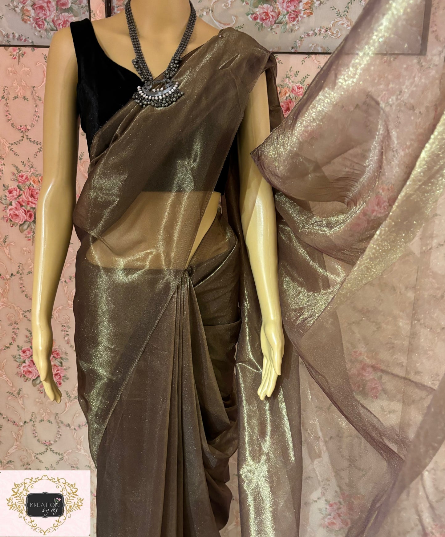 Black Coffee Tissue Net Saree