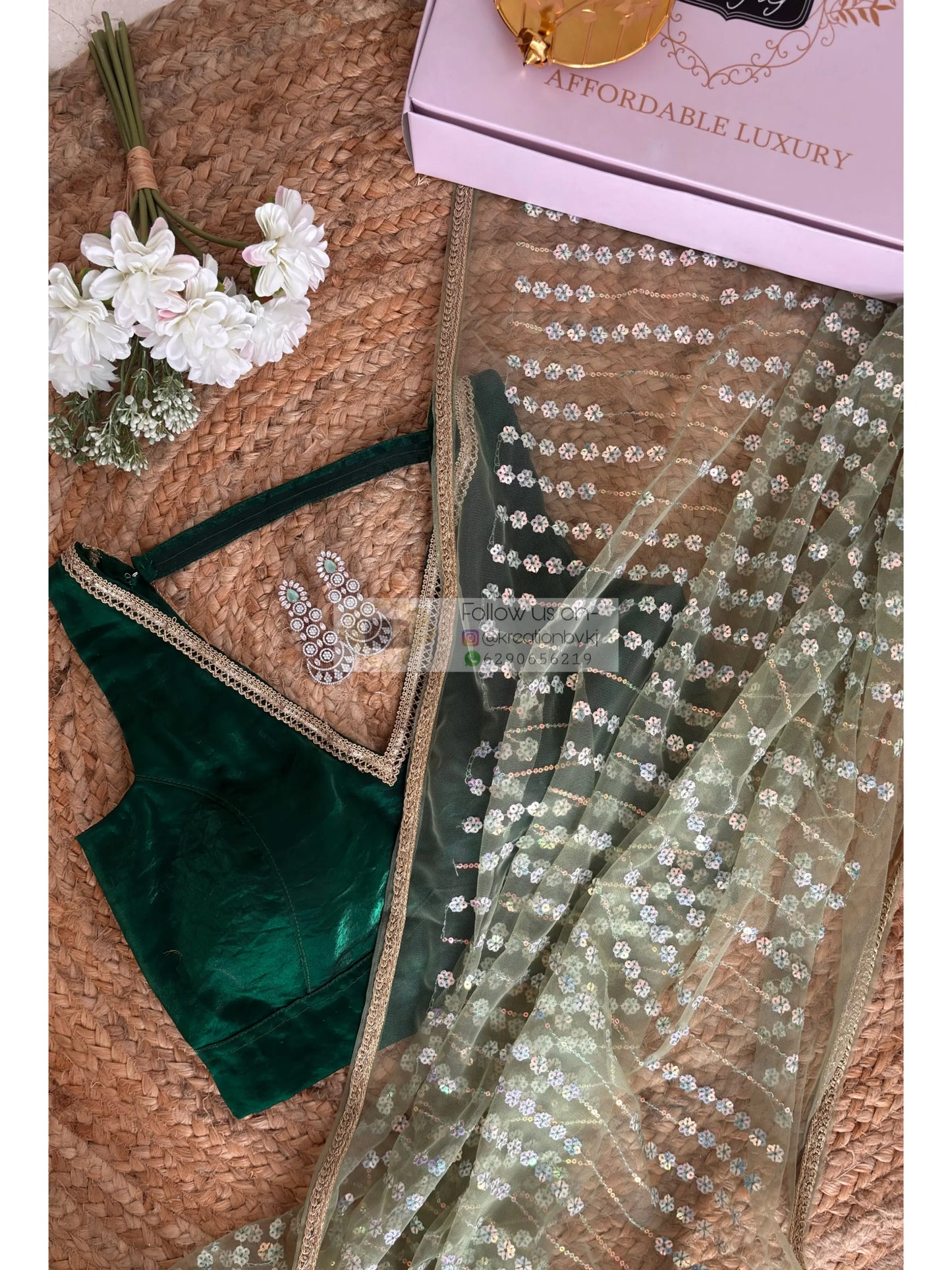 Sage Green Satin Net Half Saree Kreation by KJ