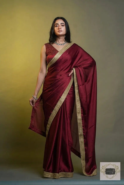 Maroon Georgette Saree with Golden Border kreationbykj