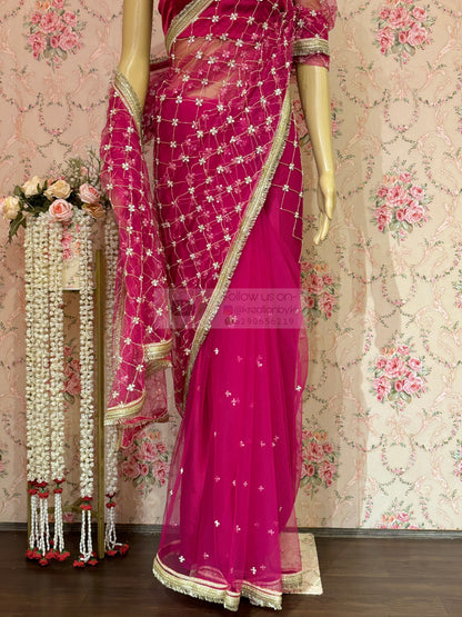 Hot Pink Cutdana Jaal Net Saree