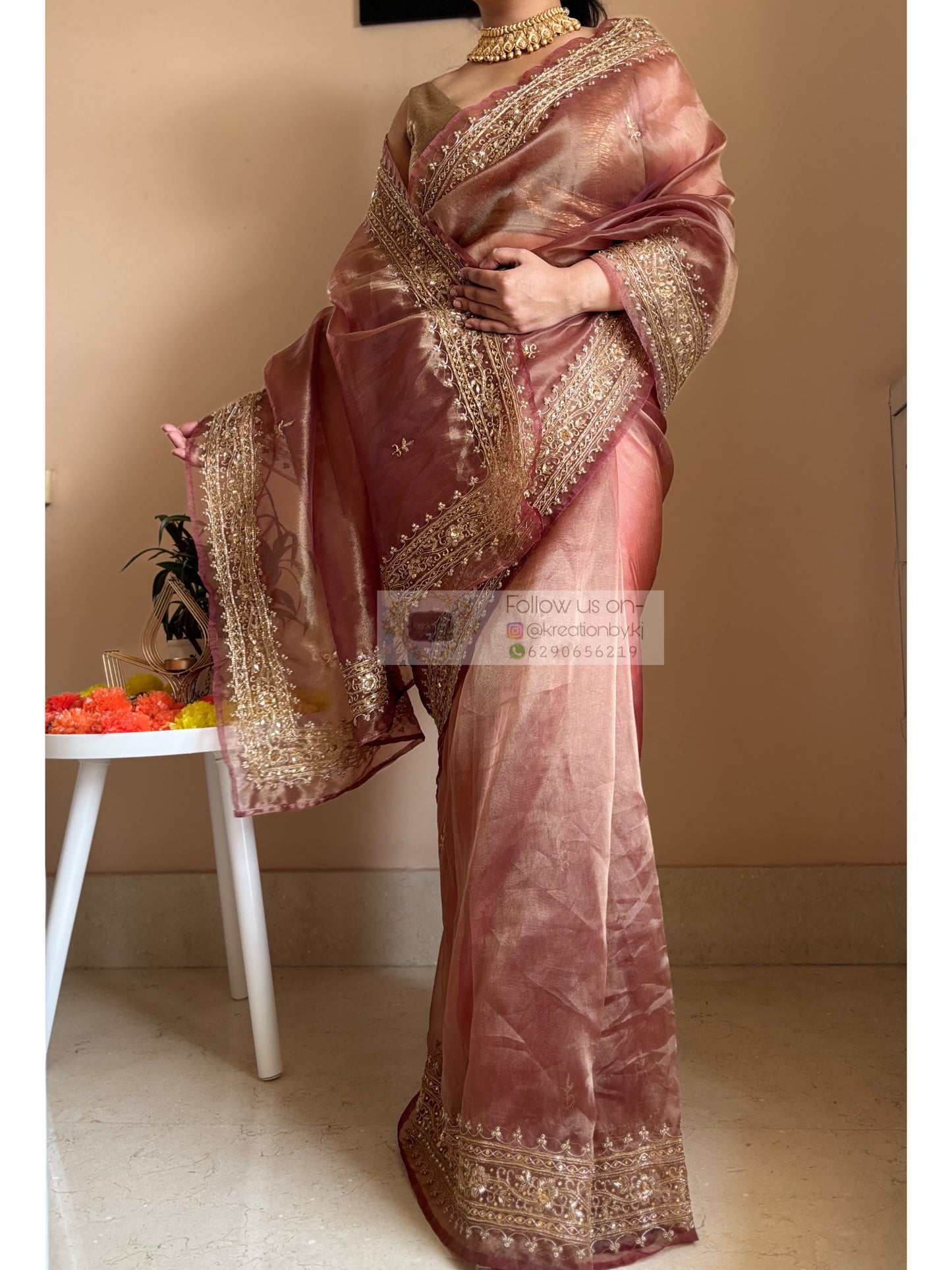 Sandalwood gold zarina Saree for Genz
