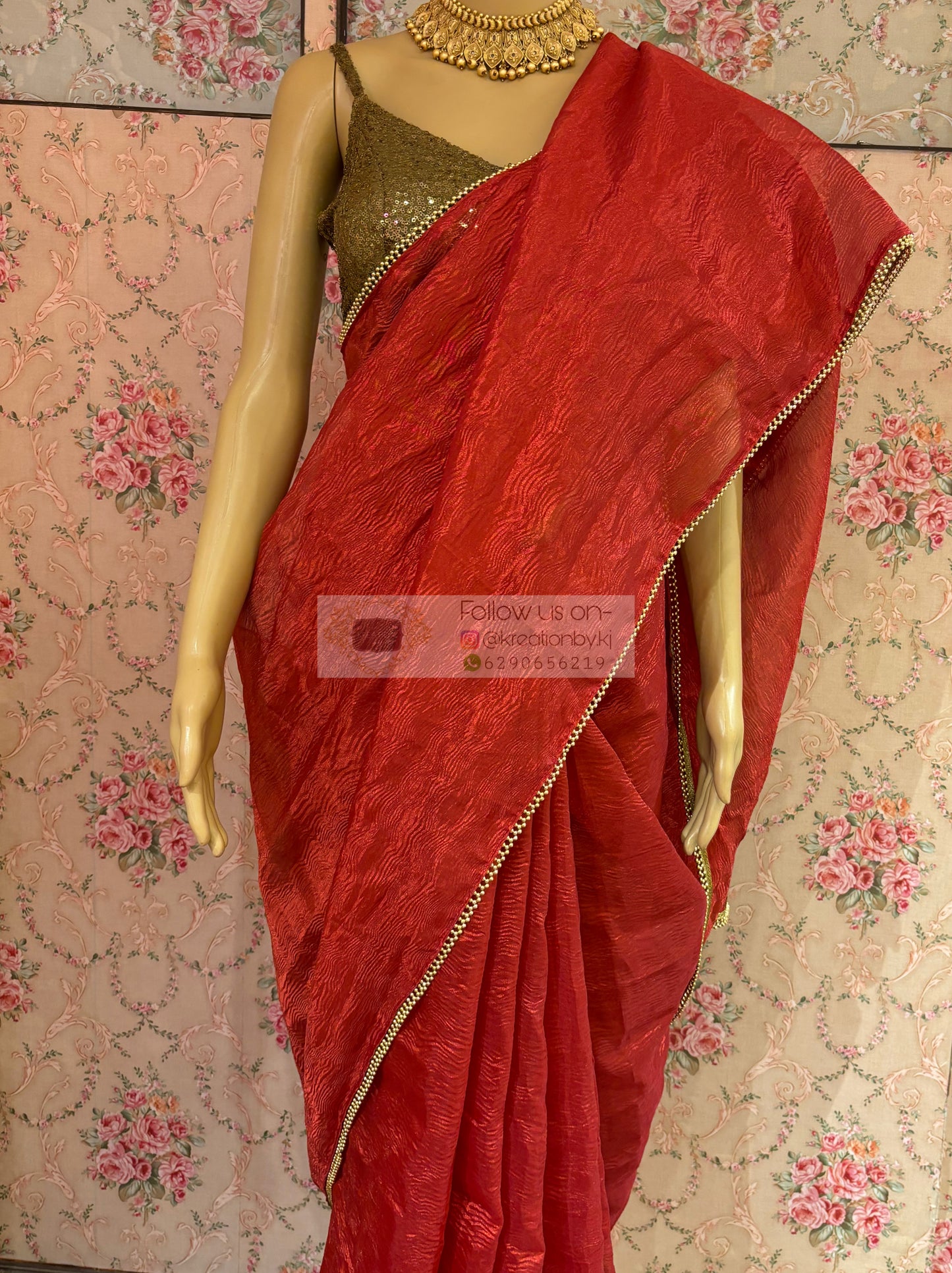 Red Crushed Tissue Saree with Golden Border