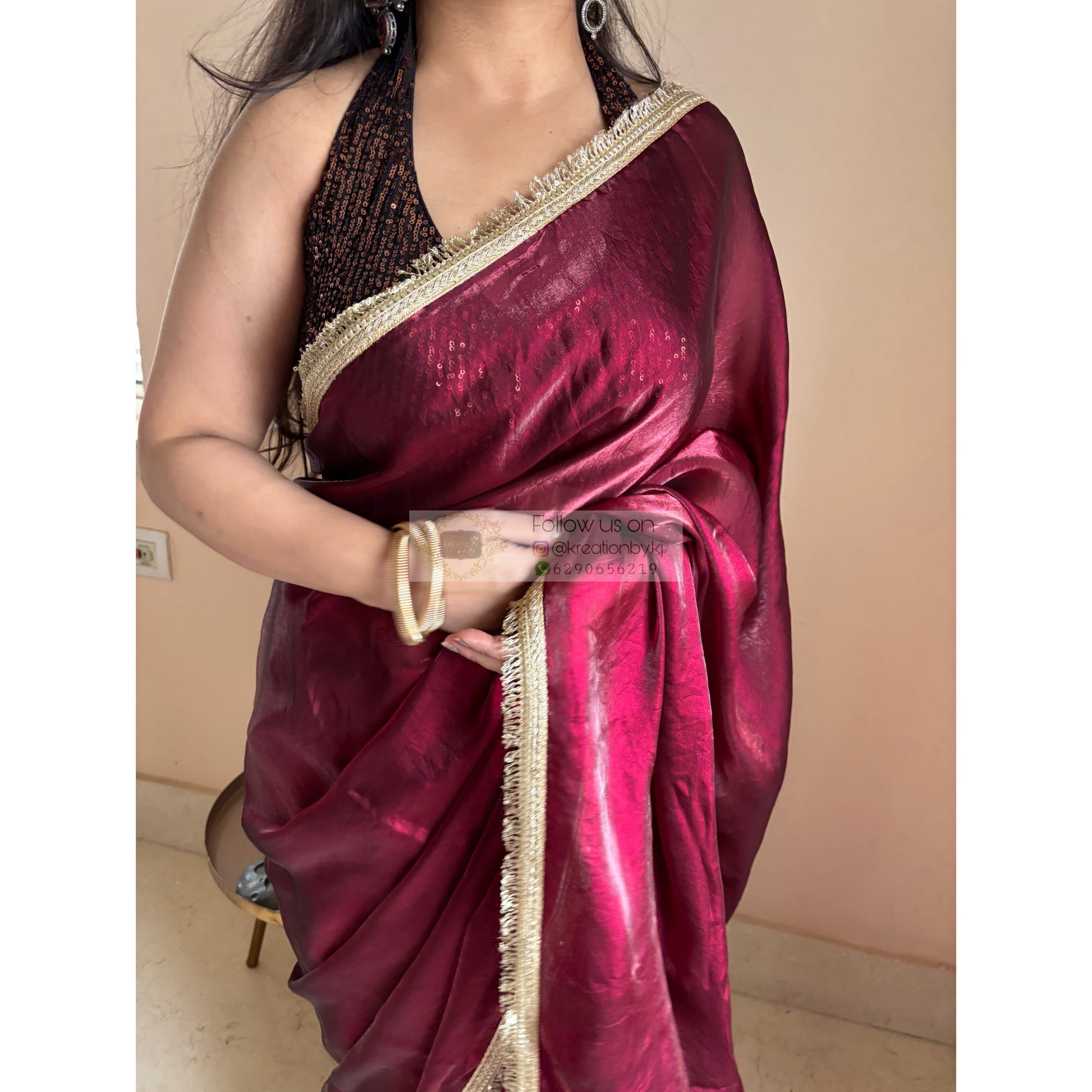 Cheery Wine Metallic Shimmer satin Banno Saree kreationbykj