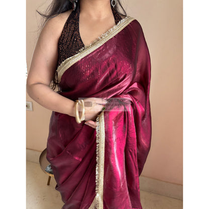 Cheery Wine Metallic Shimmer satin Banno Saree kreationbykj