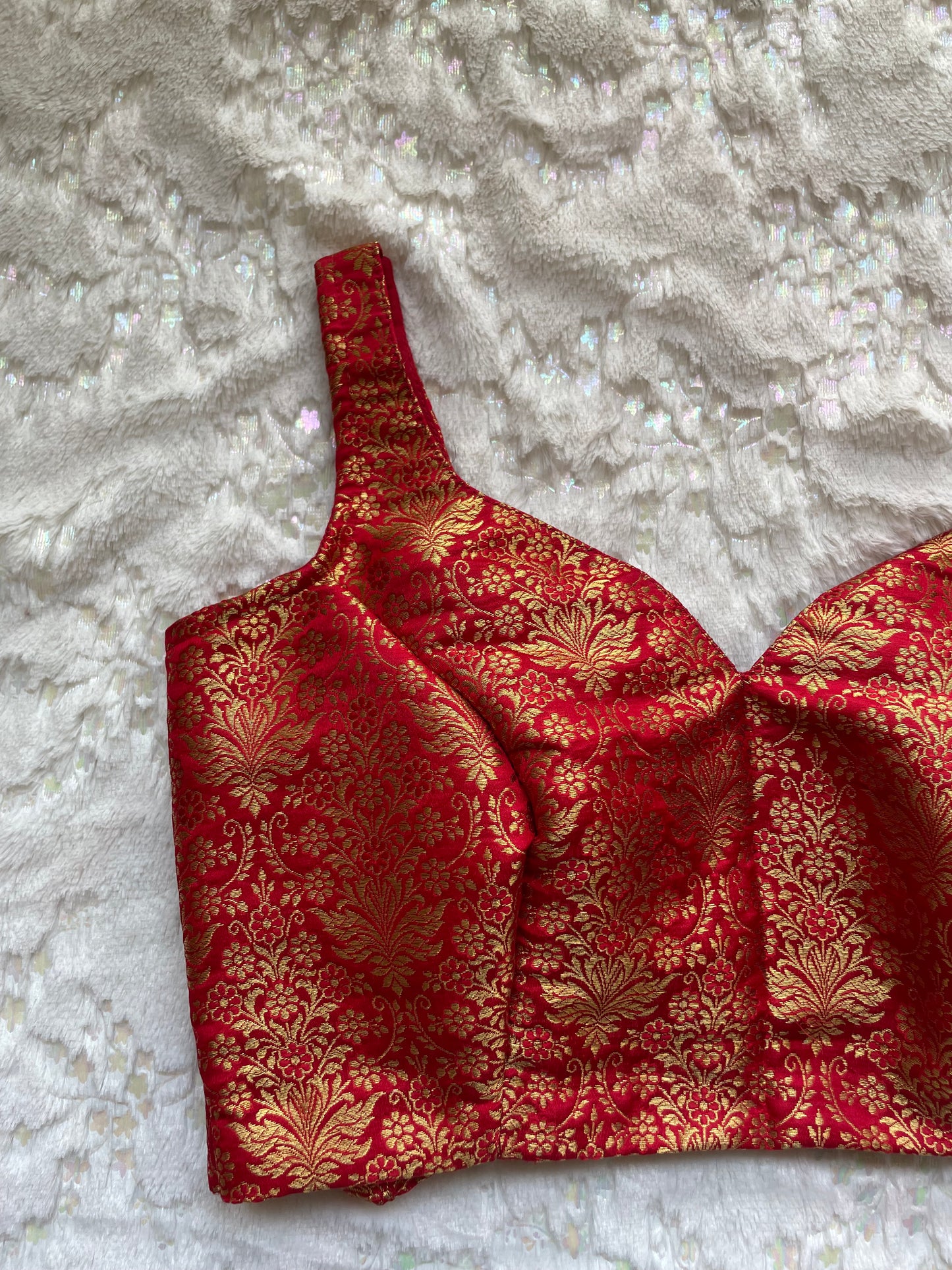 Red Brocade Dome Neck Blouse