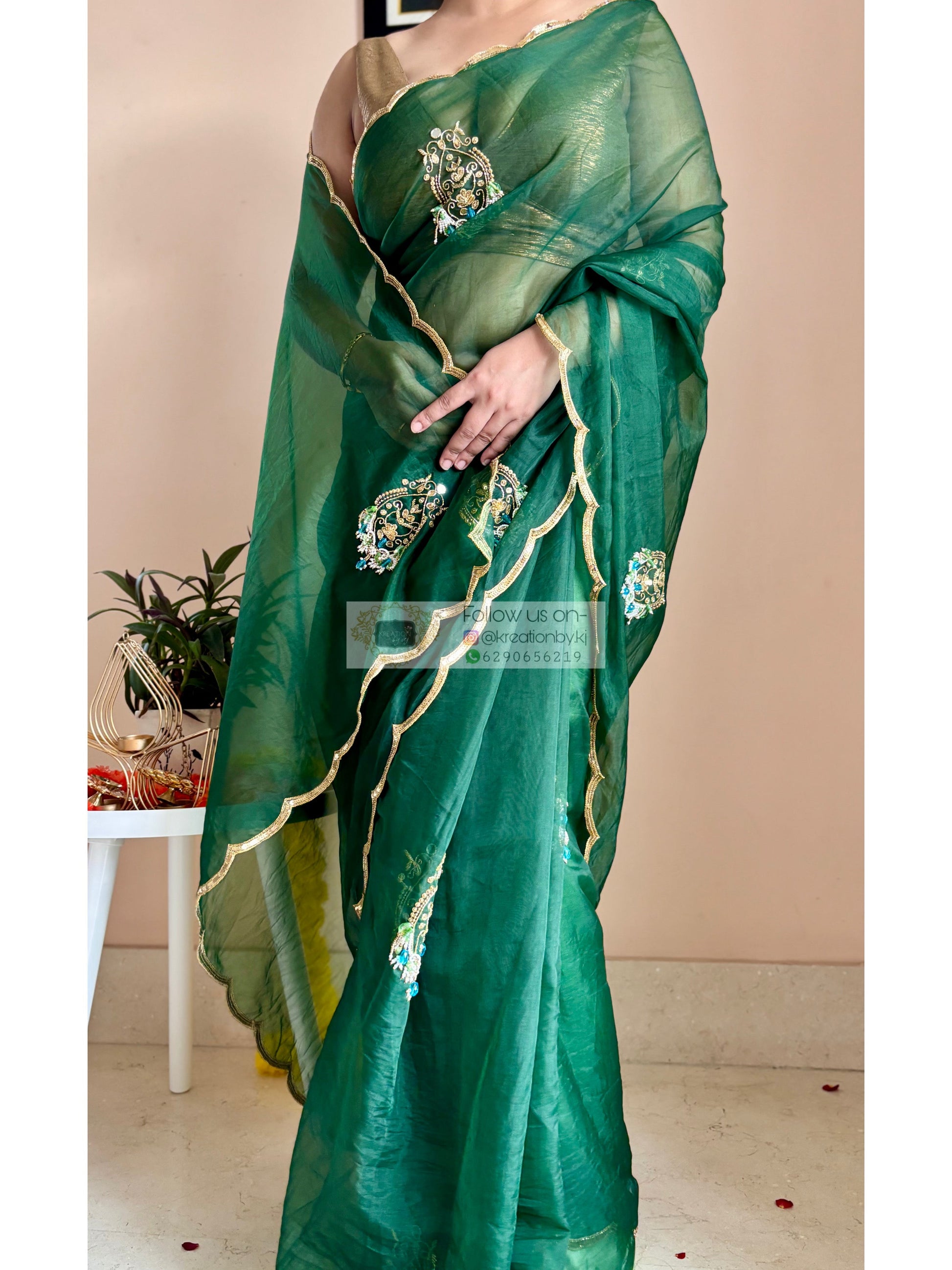 Scent of Yesterday Bottle Green Organza Saree Kreation by KJ