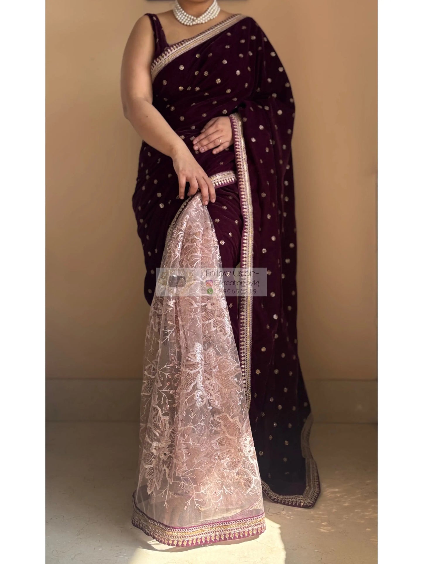 Purple Wine Velvet And Net Embellished Saree Kreation by KJ