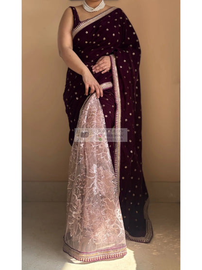 Purple Wine Velvet And Net Embellished Saree Kreation by KJ