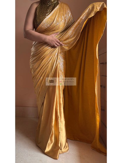 Yellow Satin Pleated Cocktail Saree