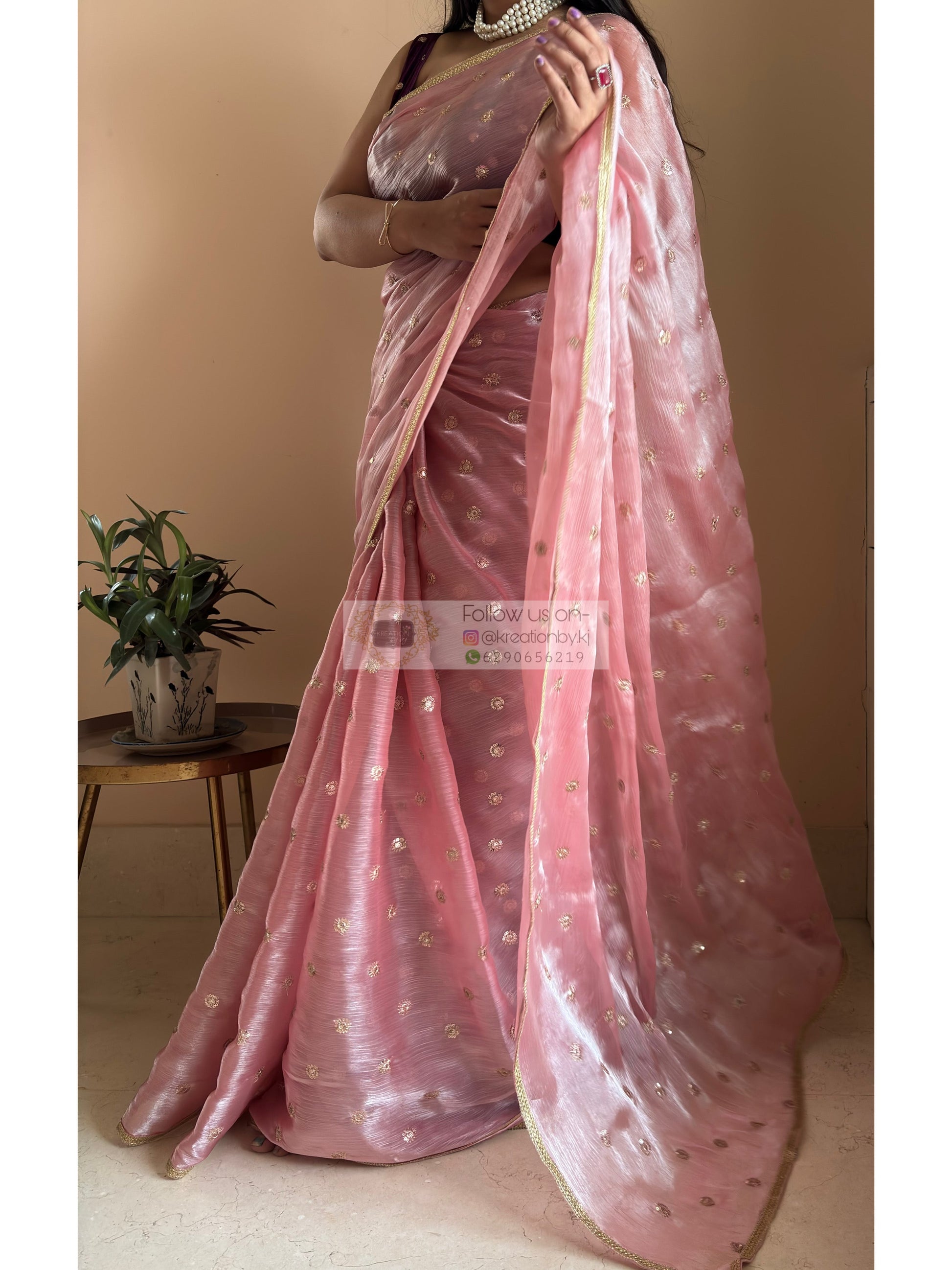 Peach Mettalic Chiffon Saree with Sequin Border kreationbykj