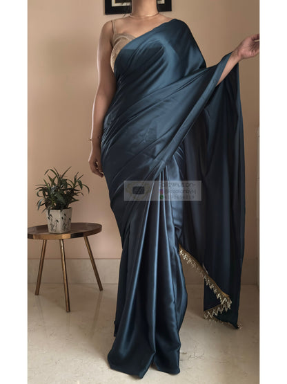 Midnight Blue Satin Silk Saree With Handmade Tassels On Pallu kreationbykj