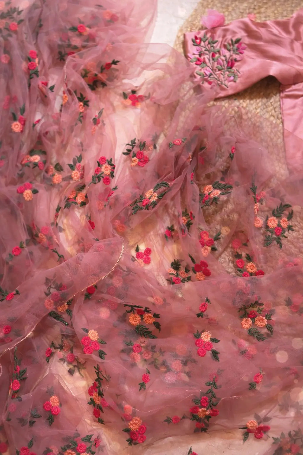 Peach Bouquet of Flowers Net Saree Kreation by KJ