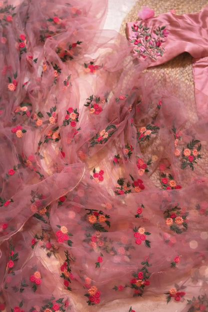 Peach Bouquet of Flowers Net Saree Kreation by KJ