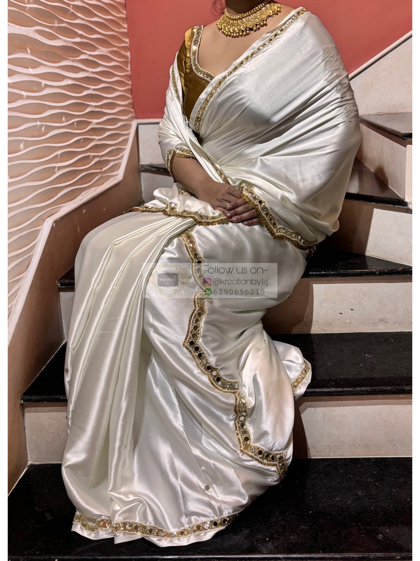 Snow Creme Satin Silk Saree With Real Mirror Work Kreation by KJ