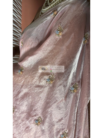 Blush Pink Shimmer Satin Saree with Floral Motifs
