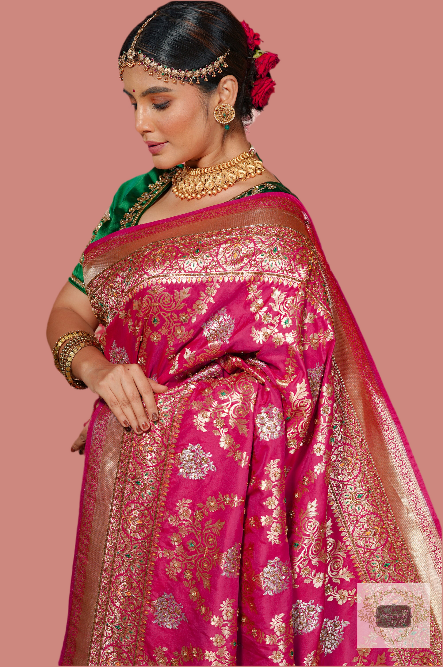 Pink Kataan Silk Banarasi Saree with Handembroidery