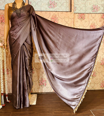 Purple Mauve Satin Silk Saree with Handmade Tassels on Pallu