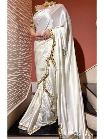 Snow Creme Satin Silk Saree With Real Mirror Work Kreation by KJ