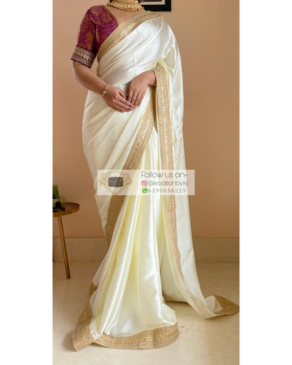 Cream Satin Saree with Beige Border