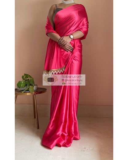 Flamingo Pink Satin Silk Saree with Handmade Tassels on Pallu