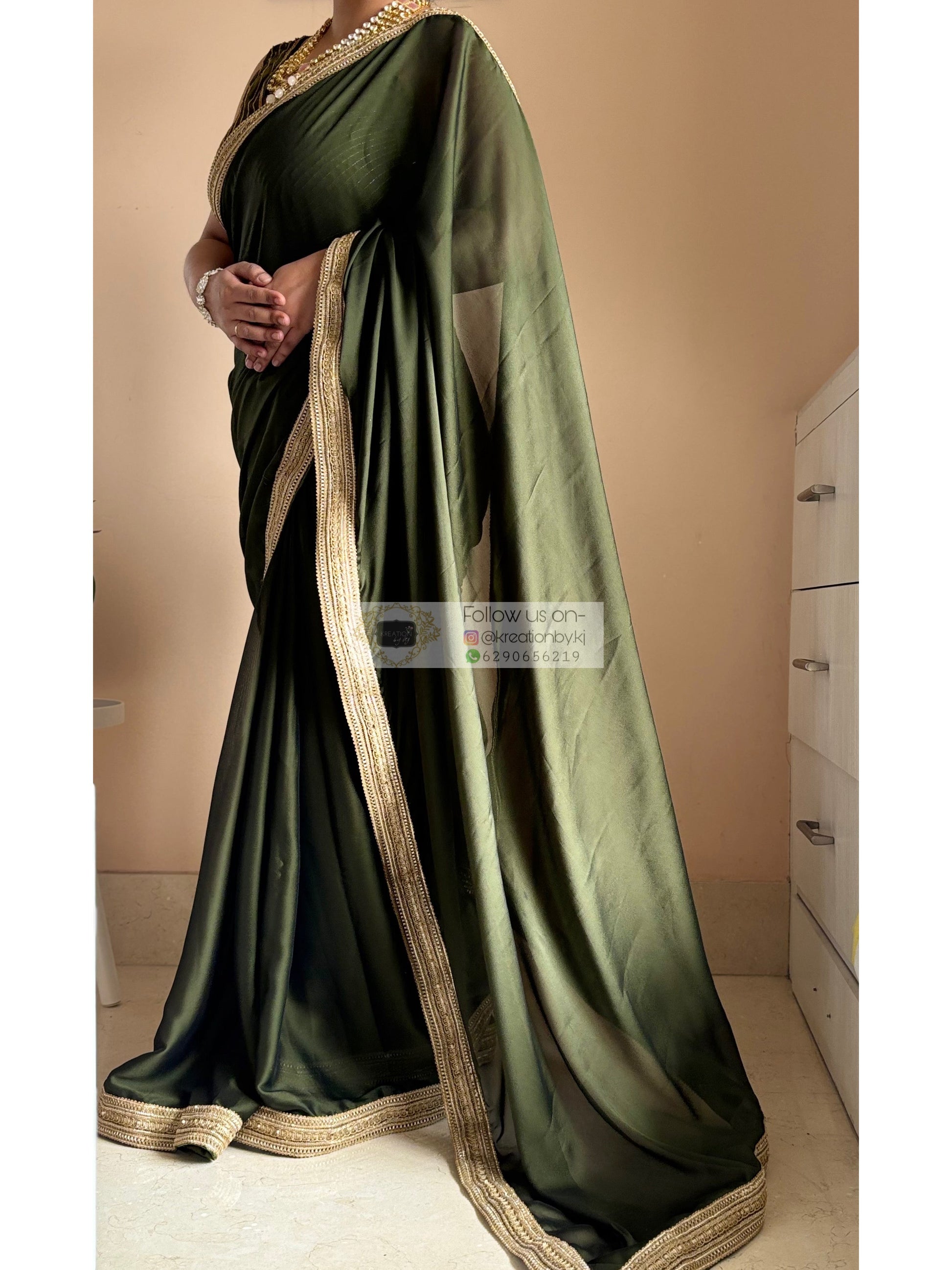 Olive Green Georgette Saree with Golden Border Kreation by KJ