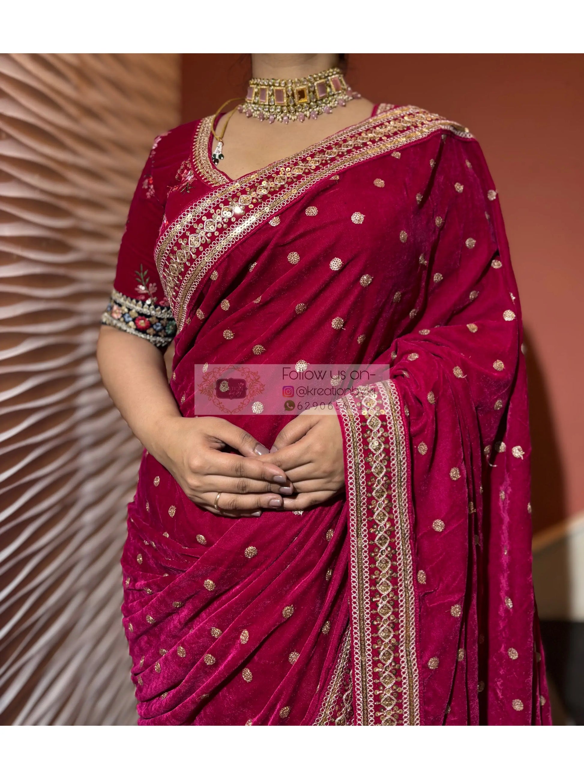 Royal Magenta Pink Velvet Saree Kreation by KJ
